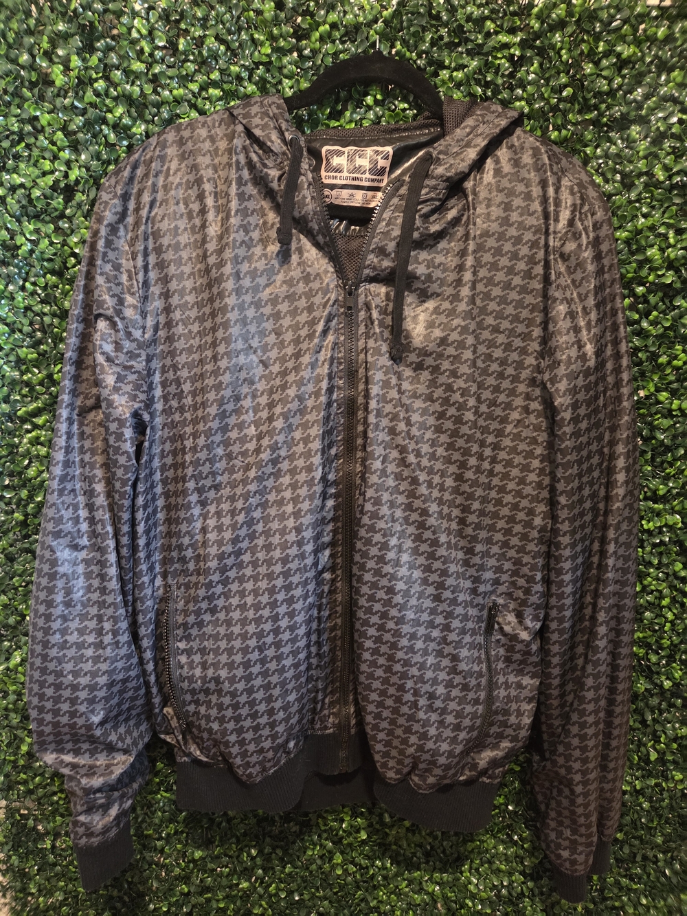 Mens Black Houndstooth Zip Hoodie Jacket